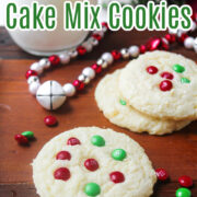 Christmas Cake Mix Cookies on a brown serving platter with M&M's around.