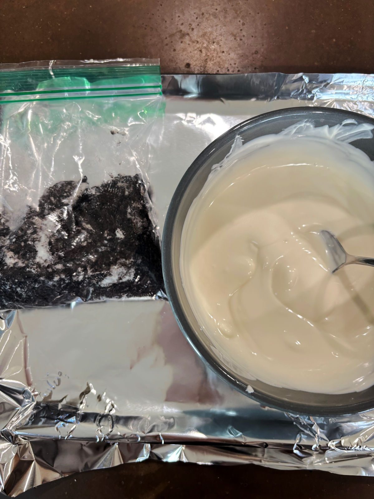 melted almond bark and cookie crumbs.