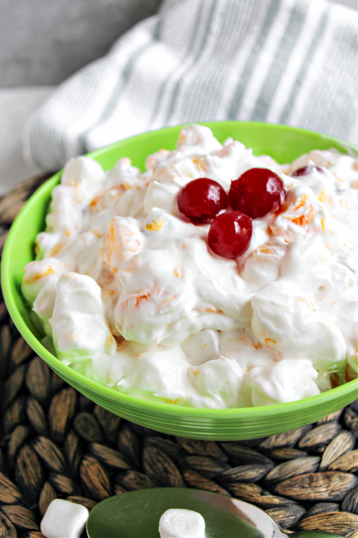 easy ambrosia salad with cherries on top. 