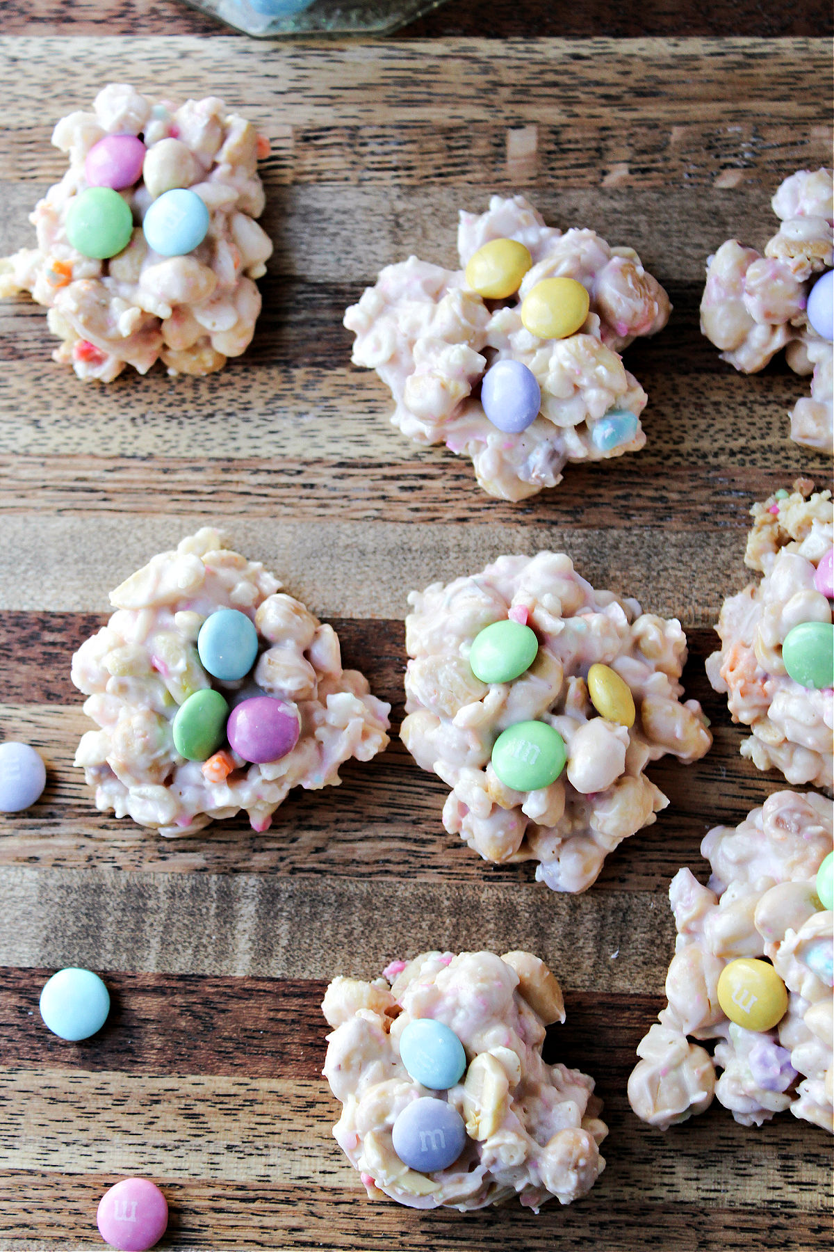 easter crock pot candy on a brown cutting board. 