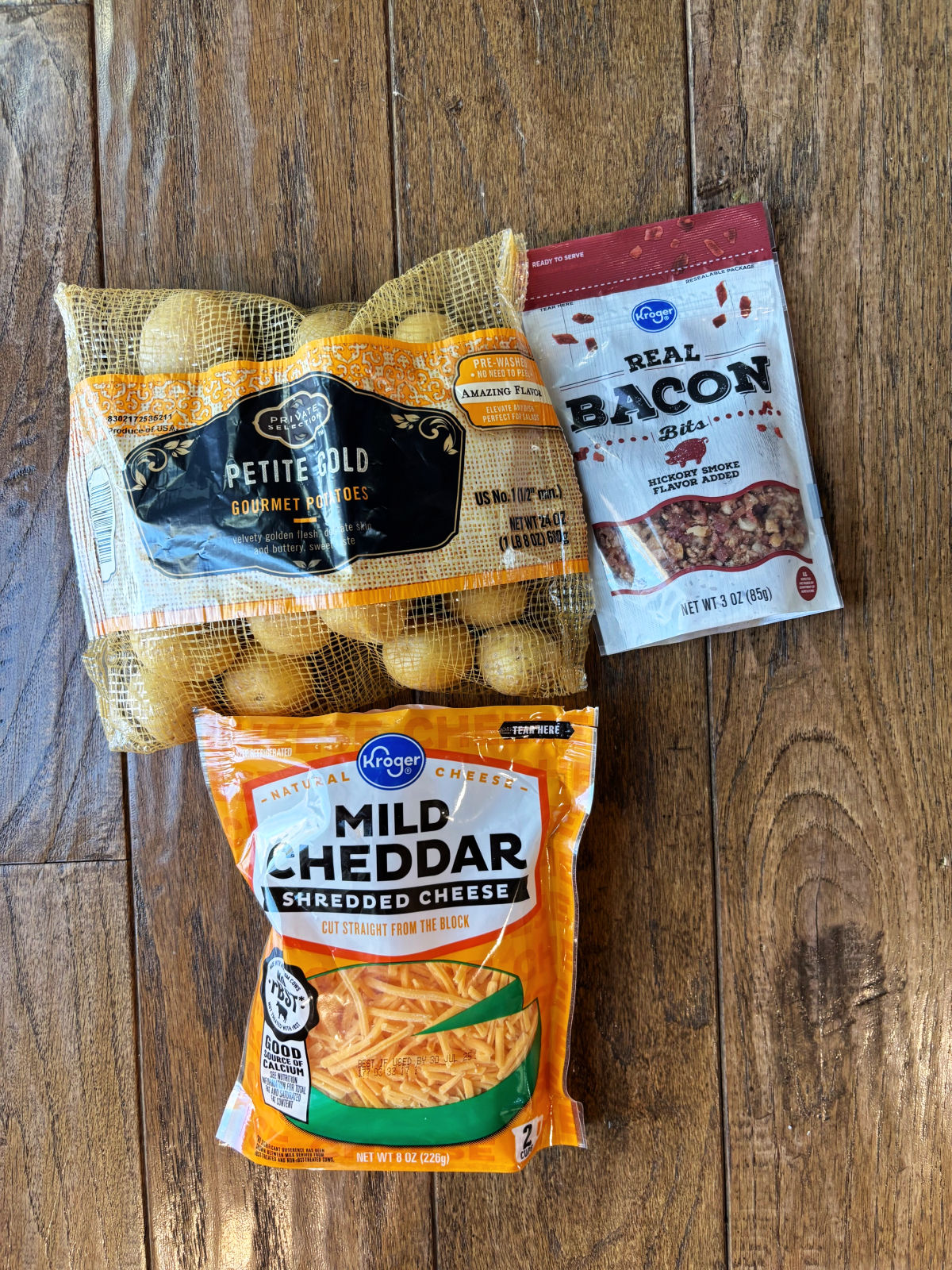 bag of potatoes, shredded cheese and bacon bits. 