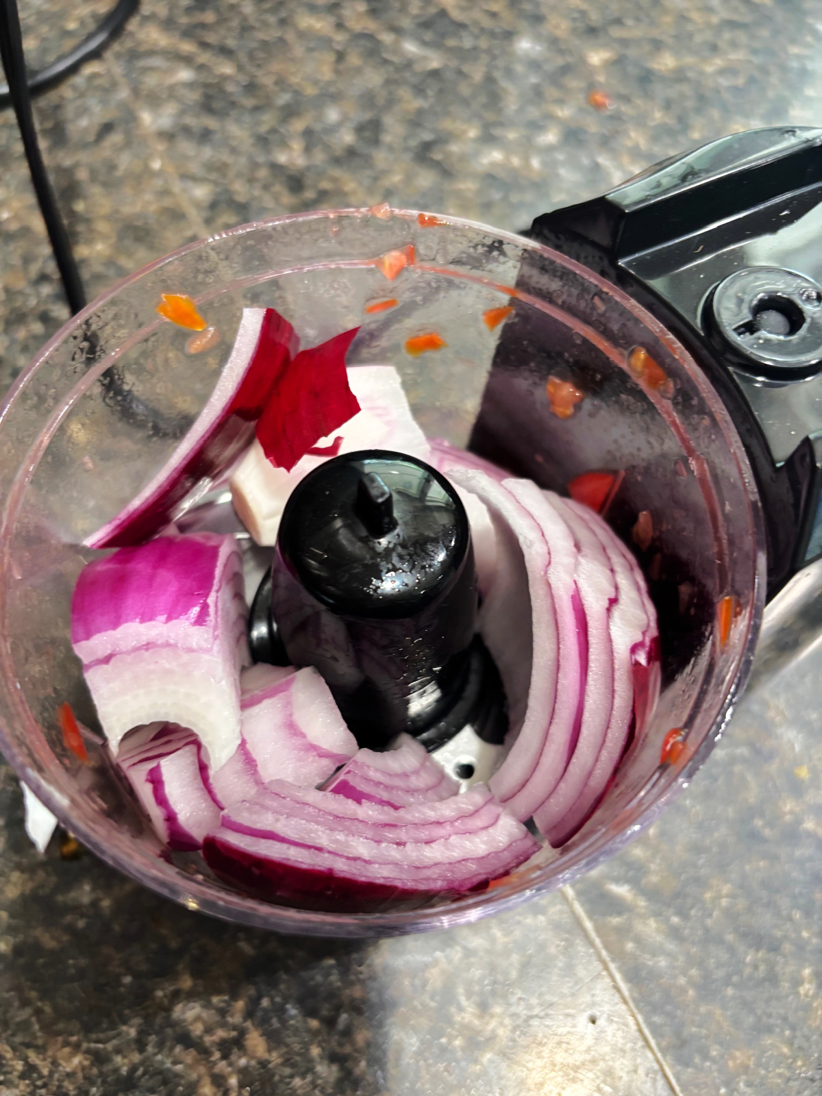 onions in a chopper. 