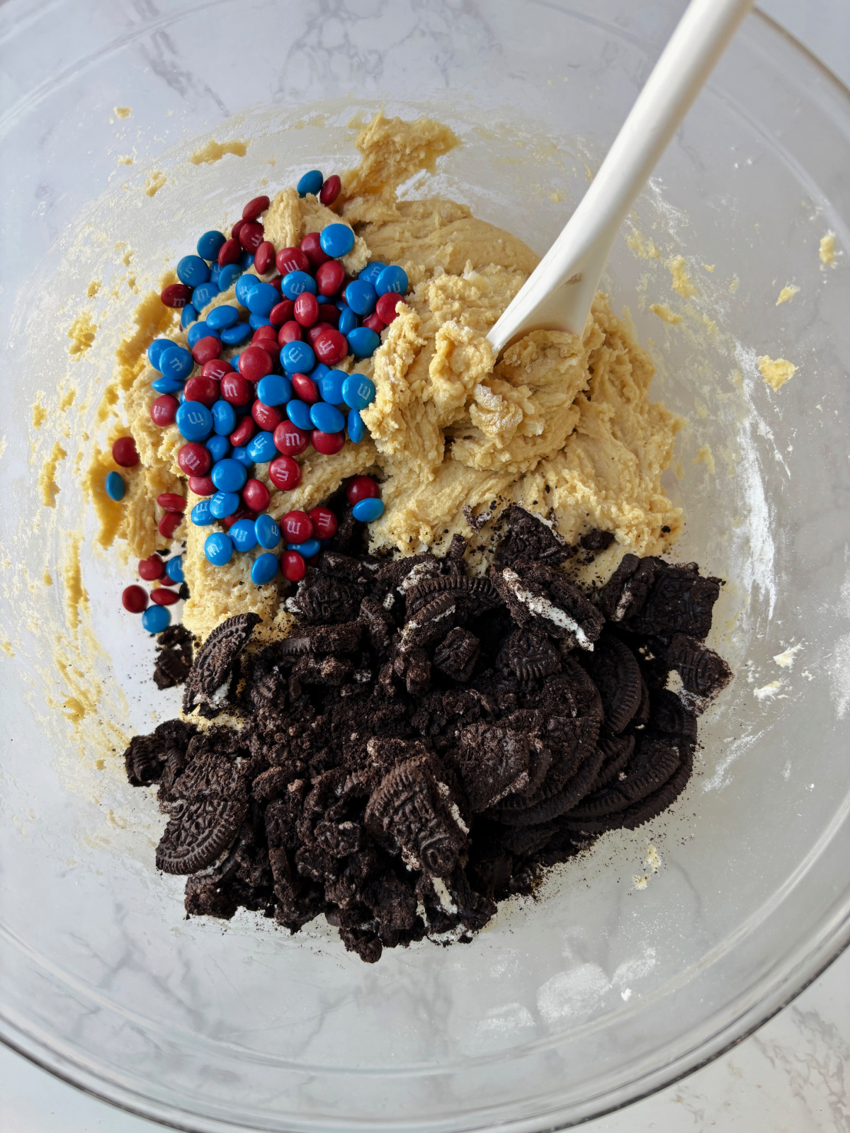 cookie dough with oreo crumbs and m&m.