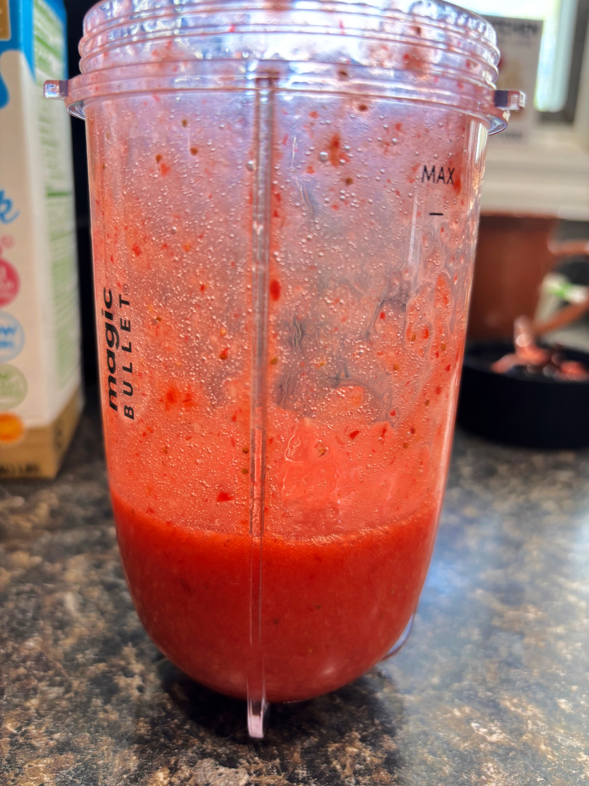 blended strawberries in a Magic Bullet.