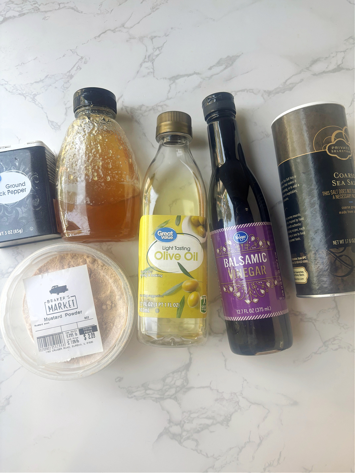 honey, olive oil, mustard, salt, pepper and balsamic vinegar.