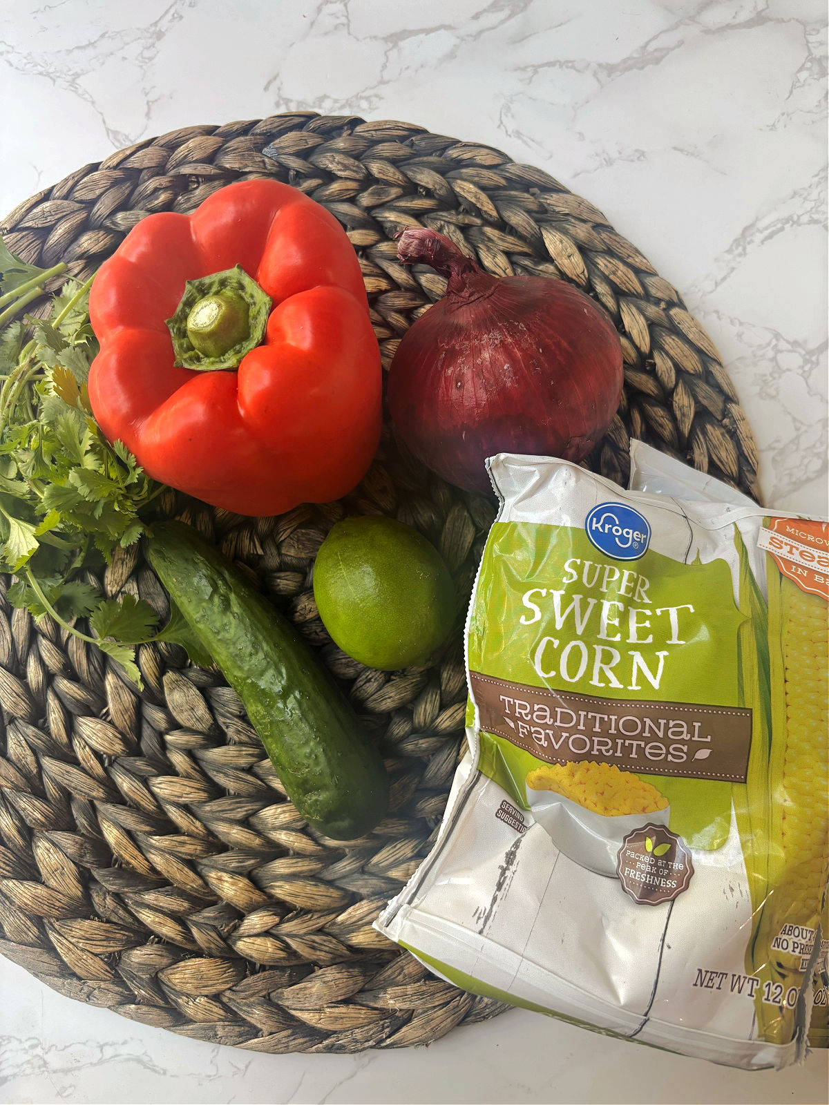 frozen corn, cucumber and peppers.