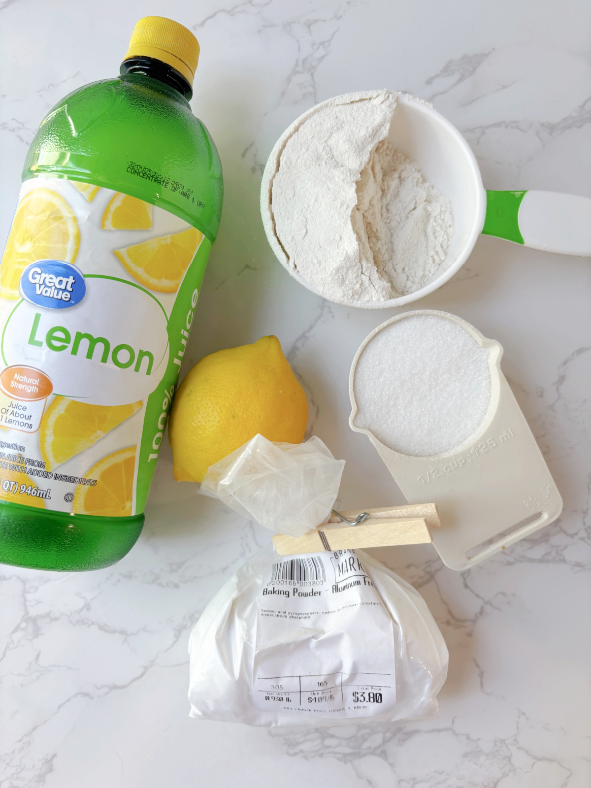lemon juice, sugar, lemon, flour, baking powder.