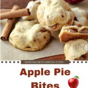 apple pie bites on a brown board with cinnamon sticks besides.