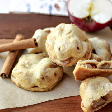 apple pie bites with cinnamon sticks besides.