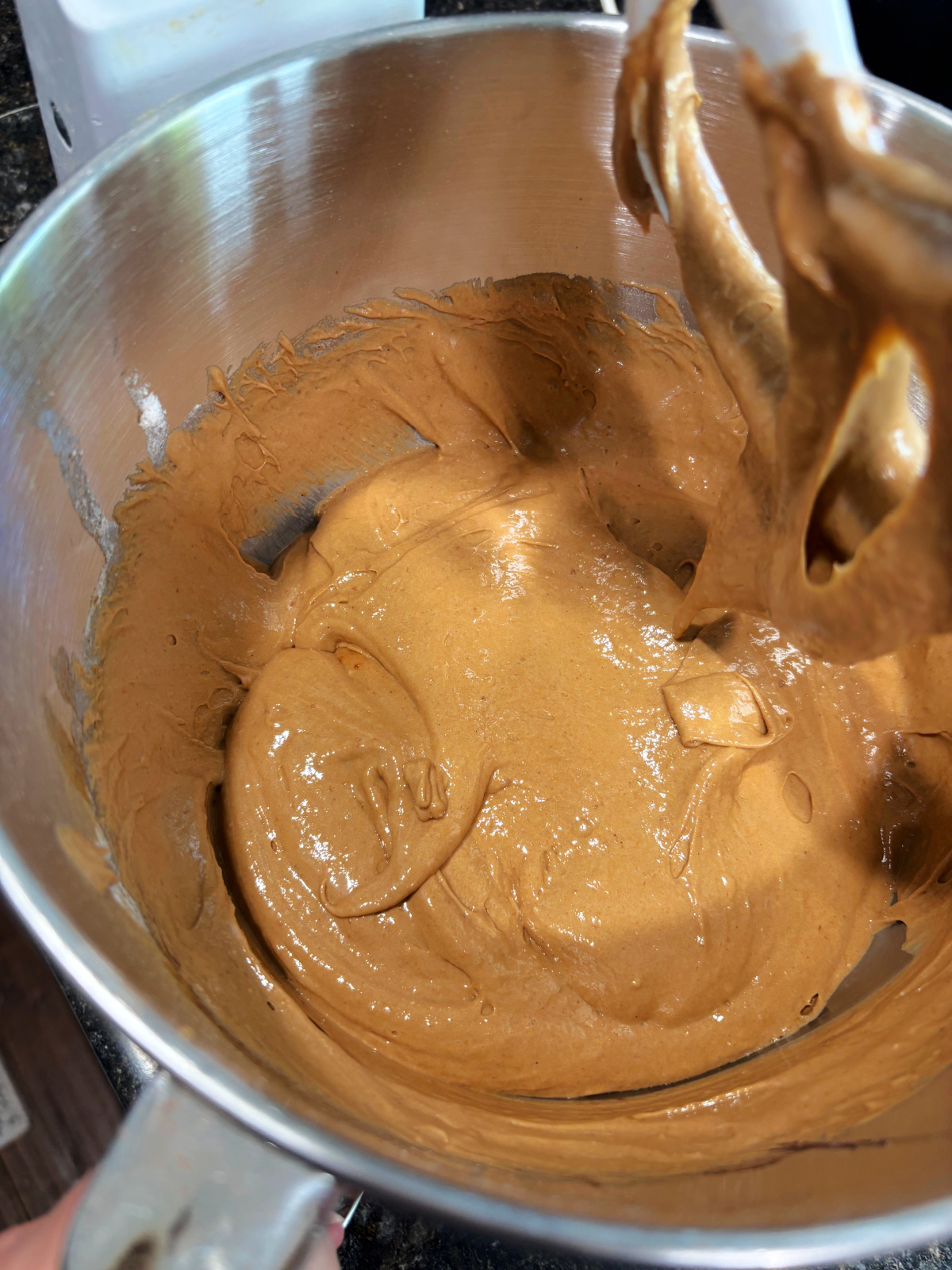 pumpkin coffee cake mixture in a stand mixer.