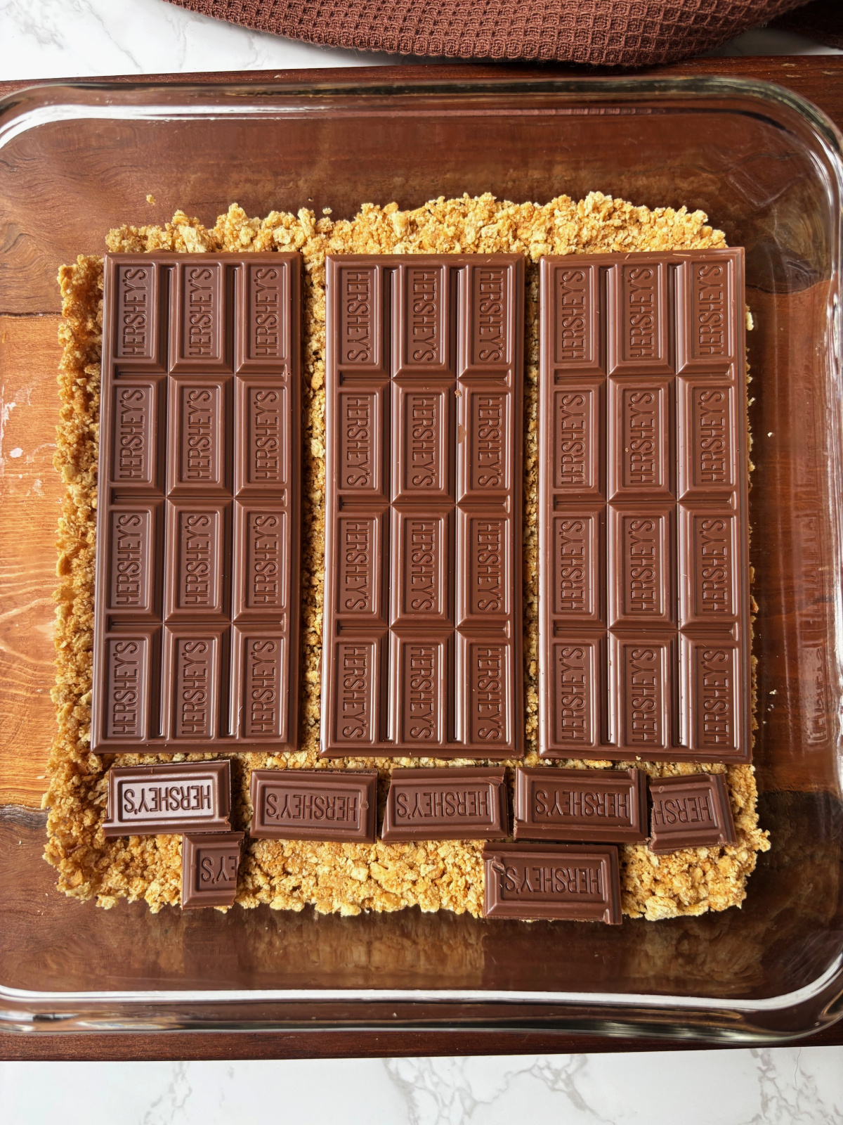 chocolate bars on graham cracker crumbs.
