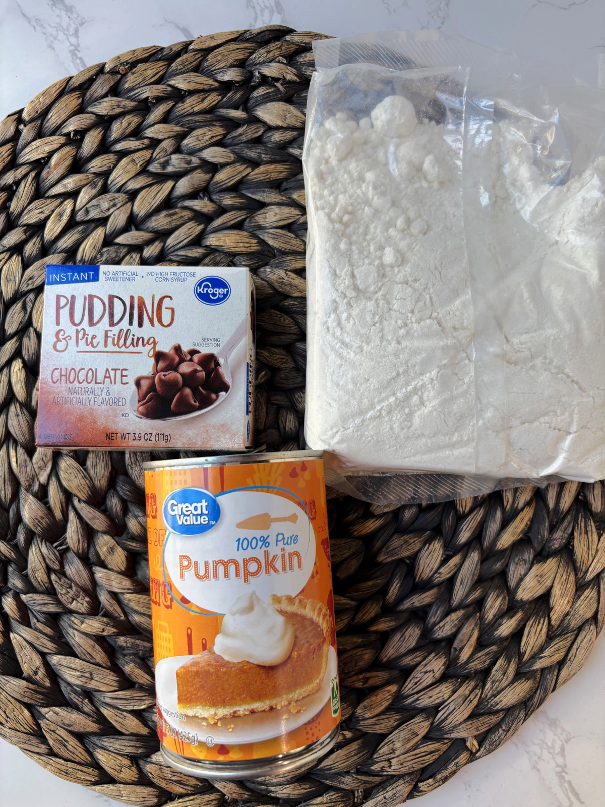 cake mix, chocolate pudding and canned pumpkin.