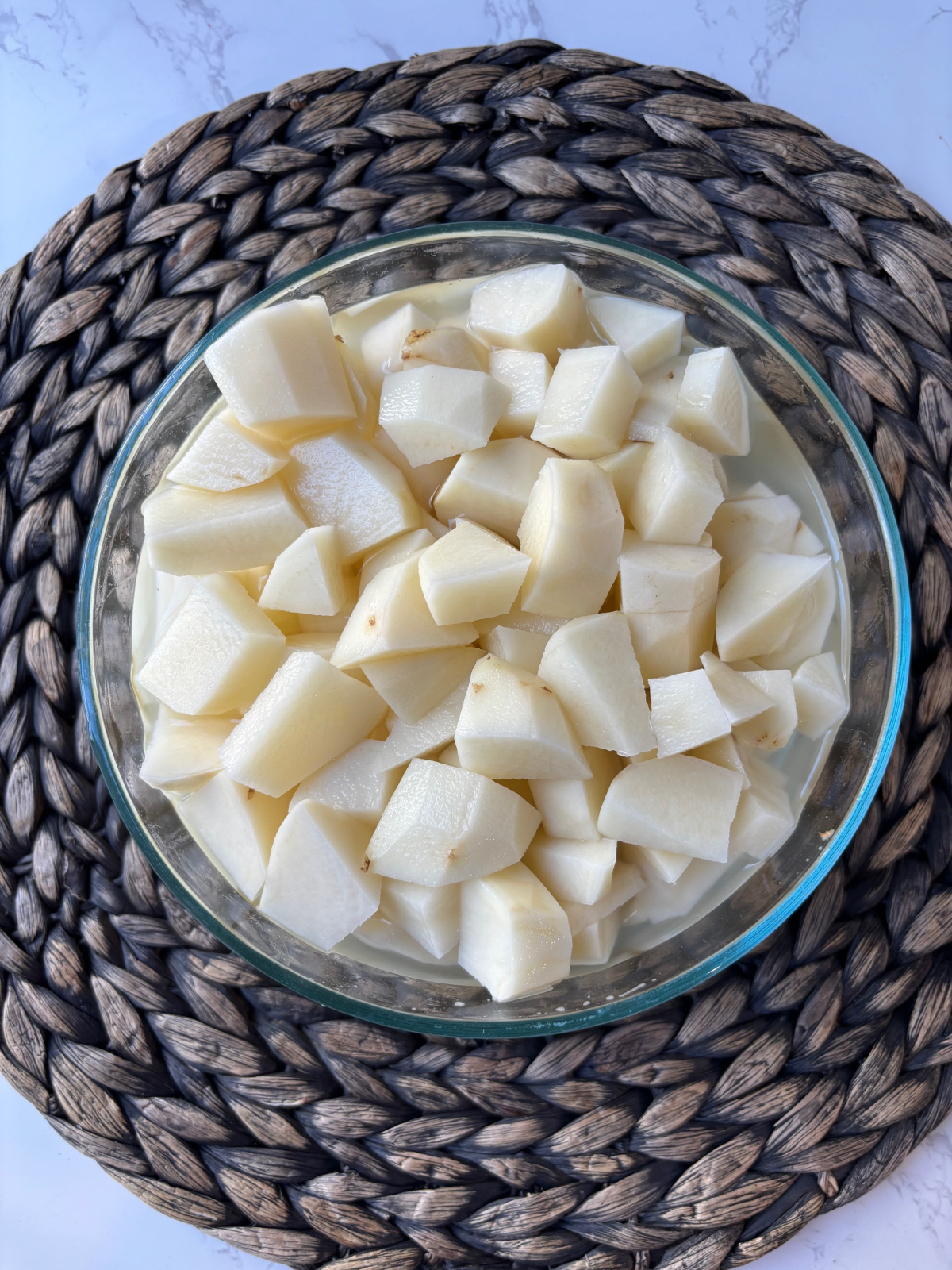 cut potatoes in a bowl.