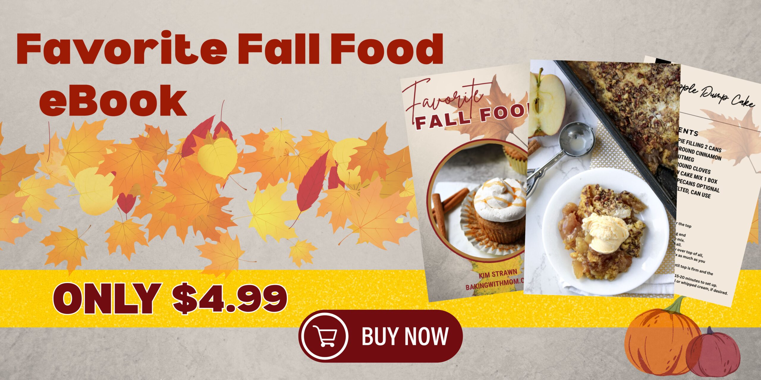 ebook banner with leaves and apple dump cake on top.