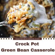 crock pot green bean casserole with a spoon holding it.