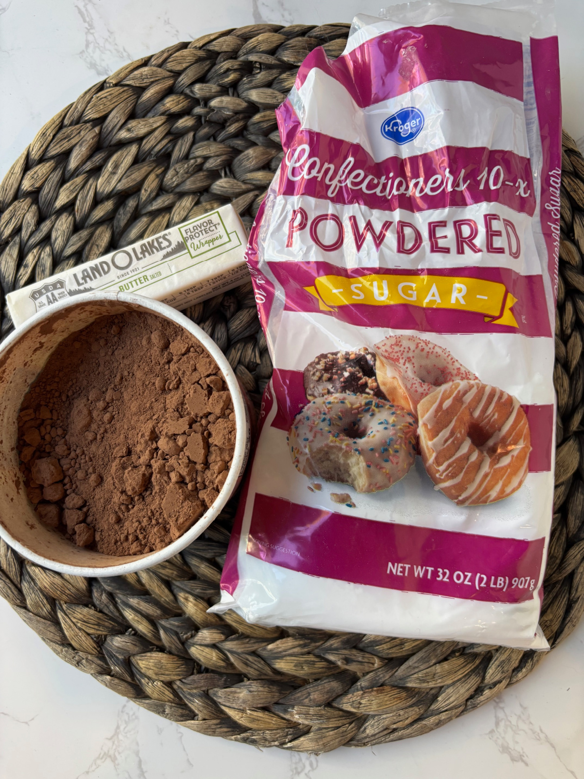 cocoa, butter and powdered sugar.