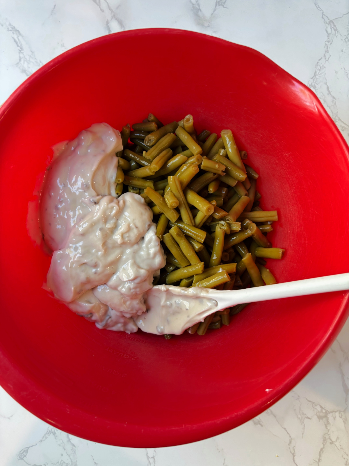 green beans and cream of mushroom soup in a red bowl. 