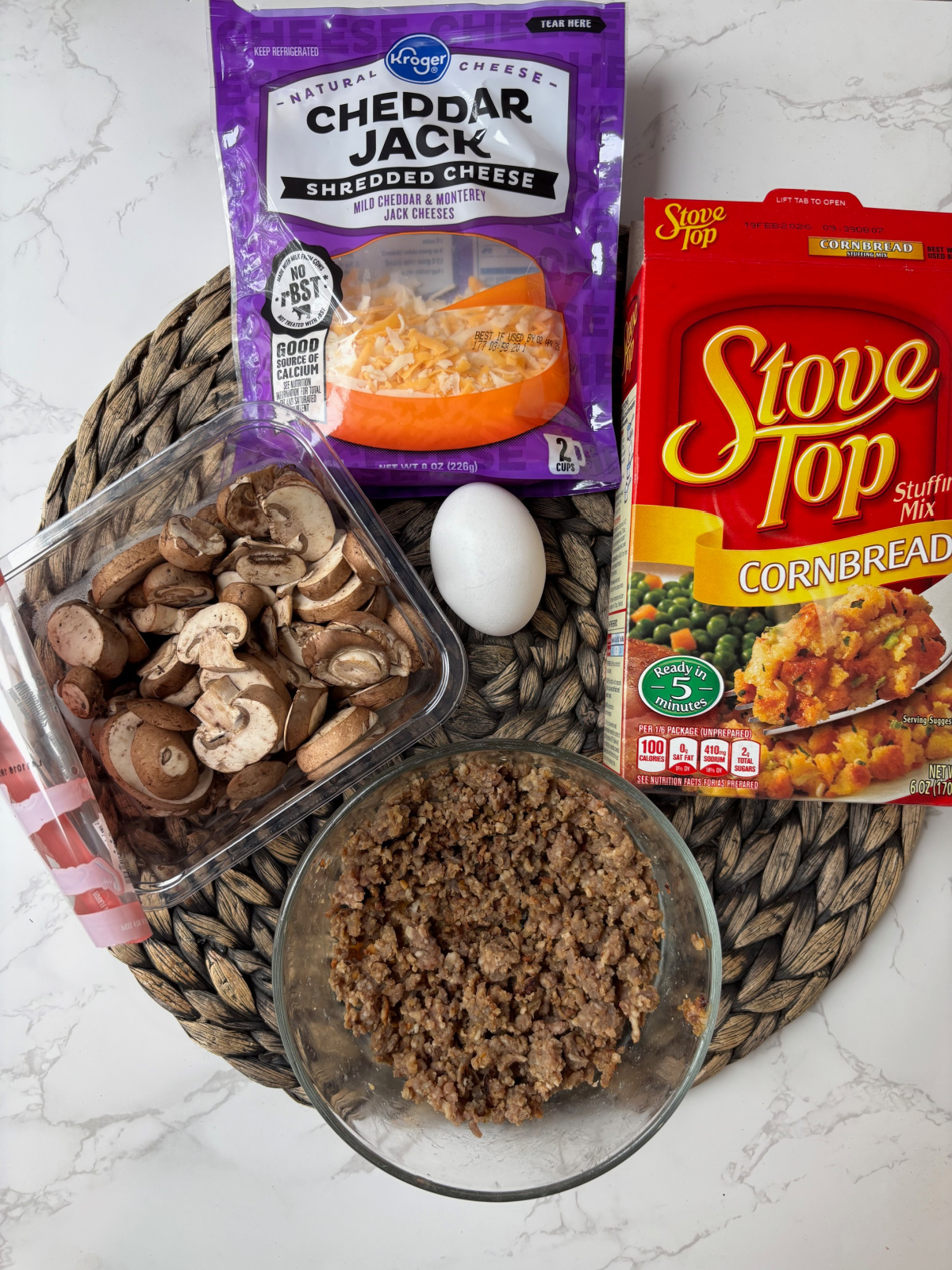 sausage, stove top, mushrooms, egg and cheese.