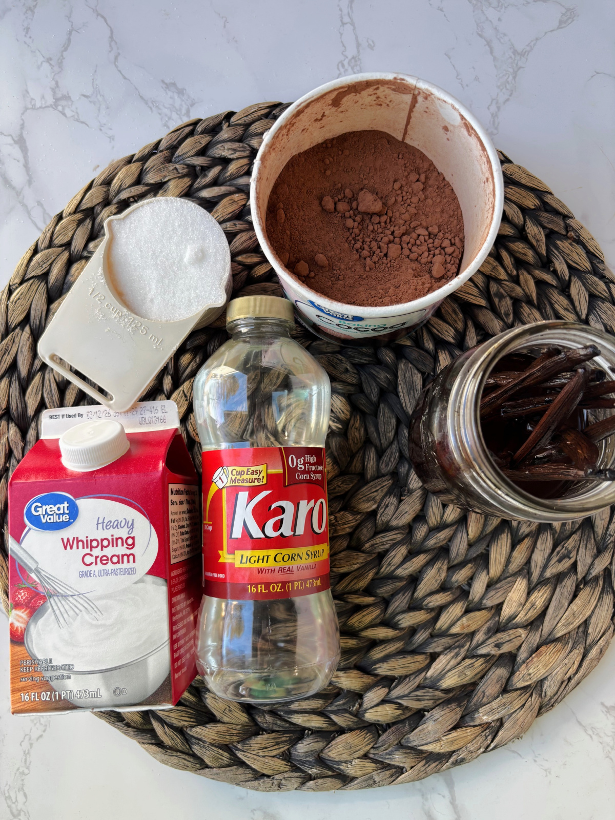 chocolate sauce ingredients of sugar, cocoa, whipping cream and corn syrup.