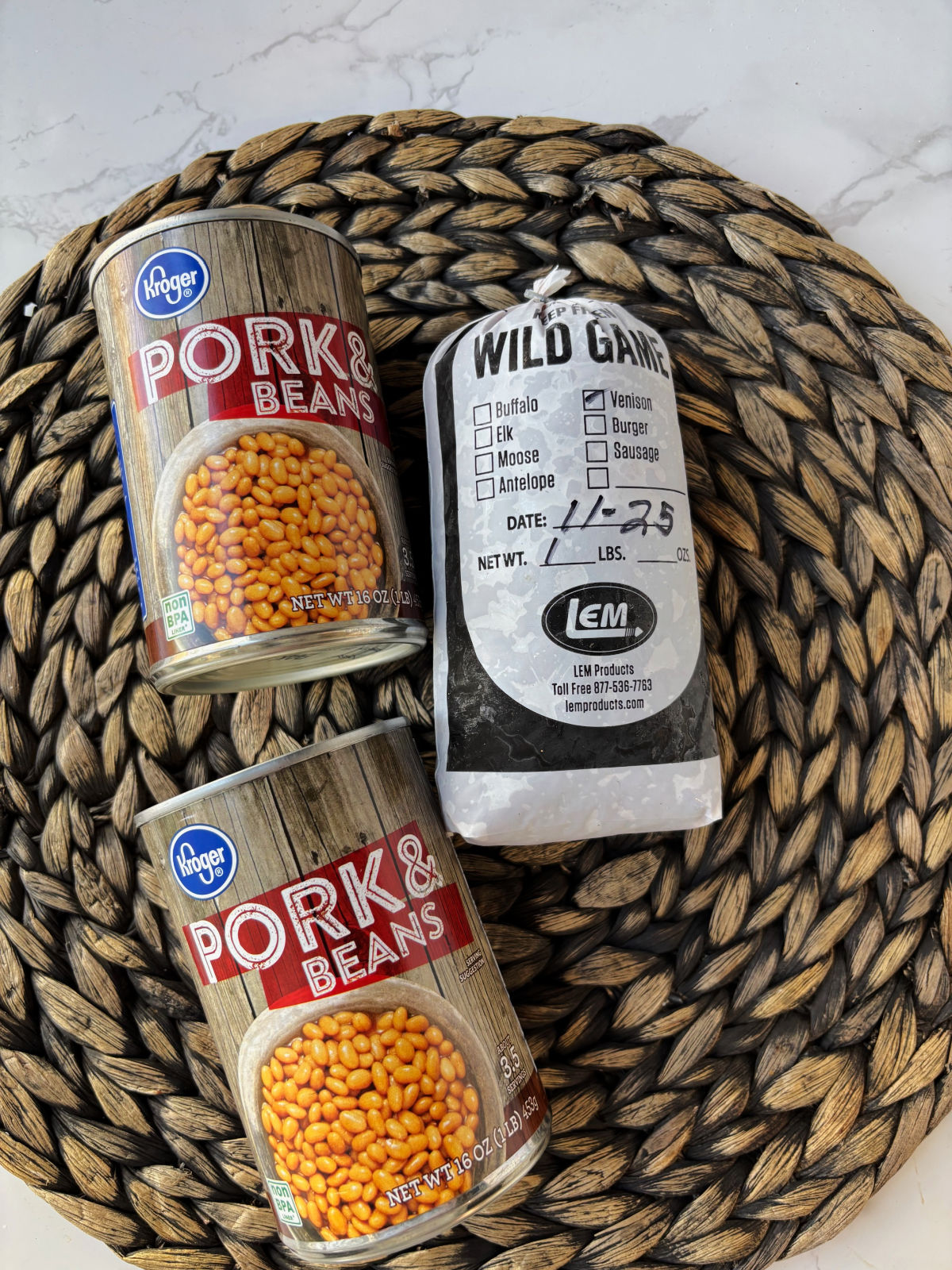 frozen venison and pork and beans.