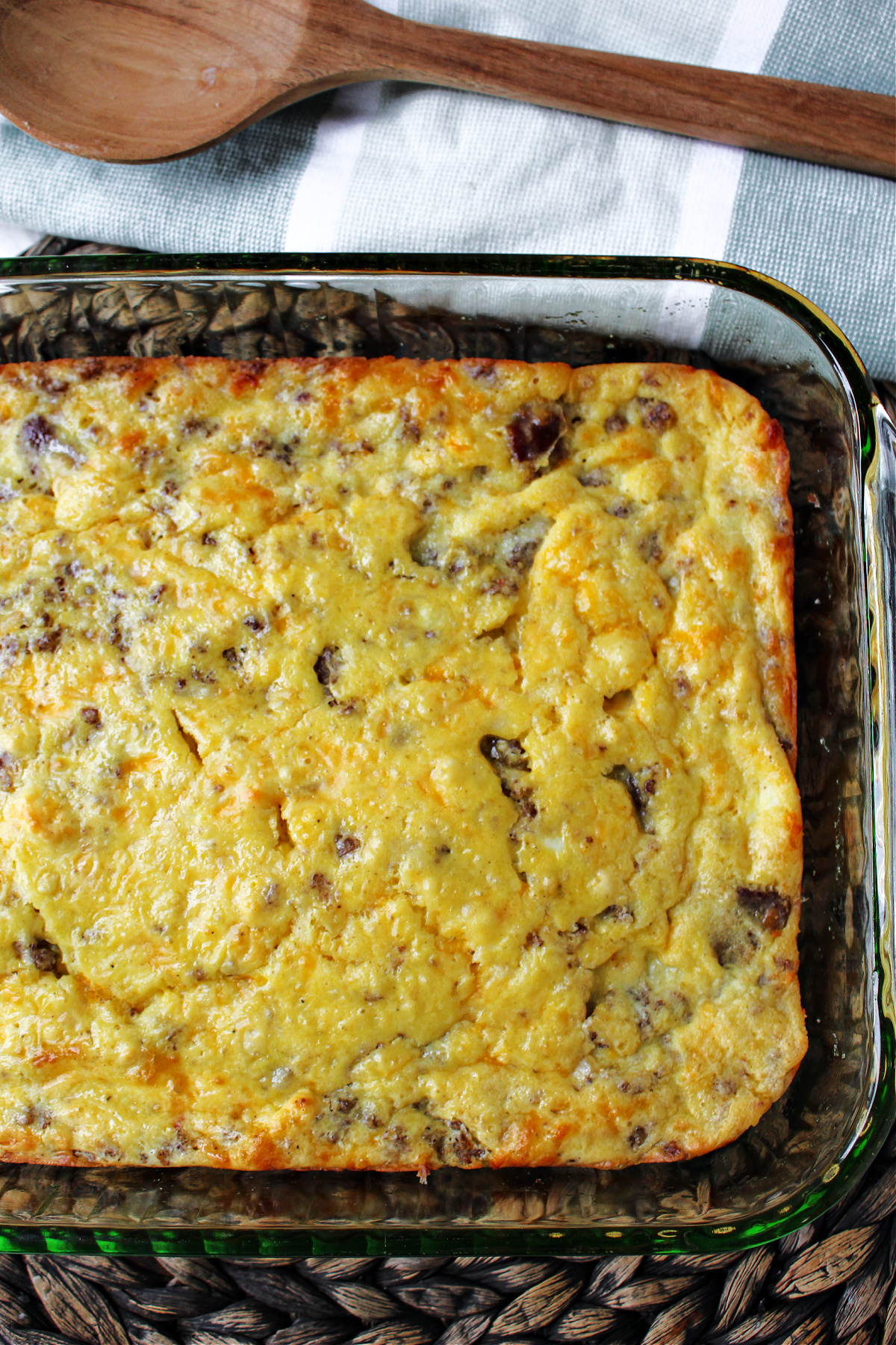 cheesy egg bake in a casserole pan.
