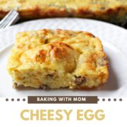 cheesy egg bake on a white plate.
