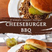 Cheeseburger BBQ on a white plate with pickles.