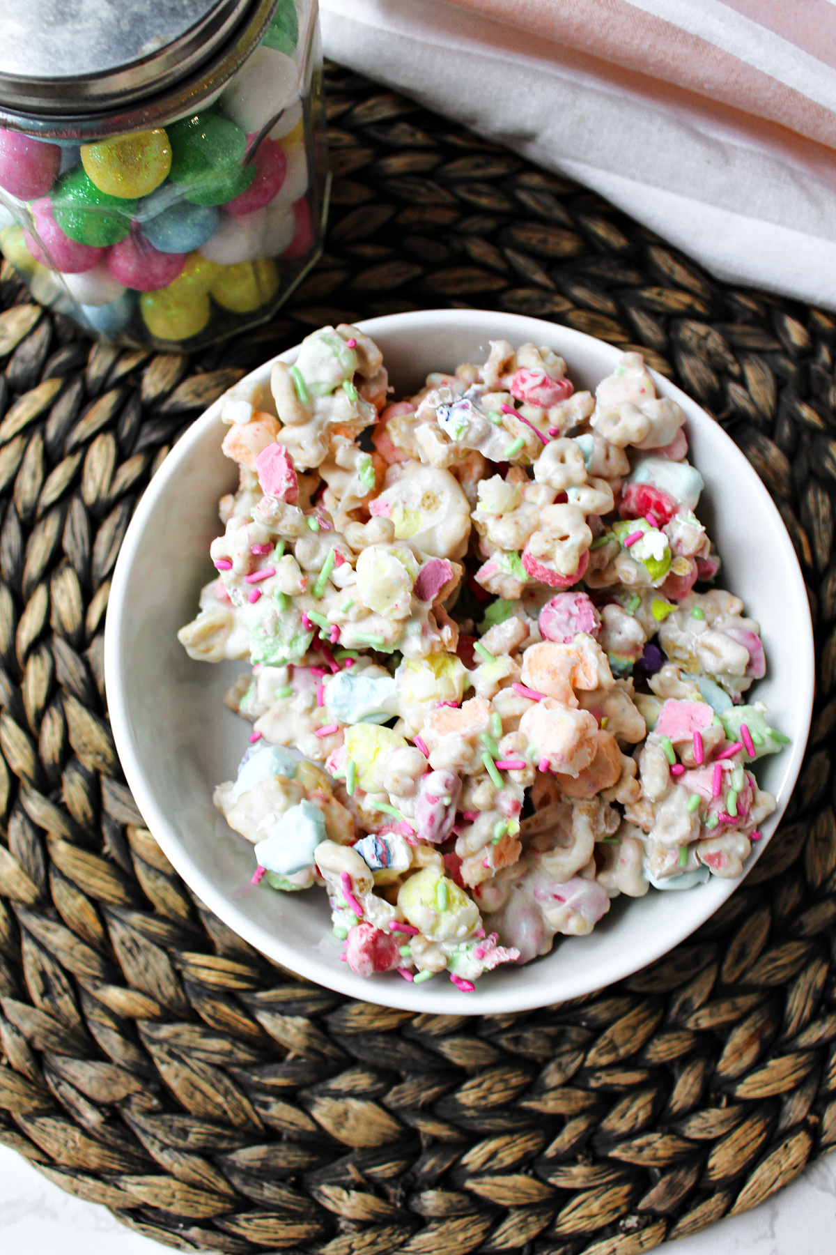 Easter marshmallow candy on a brown mat.