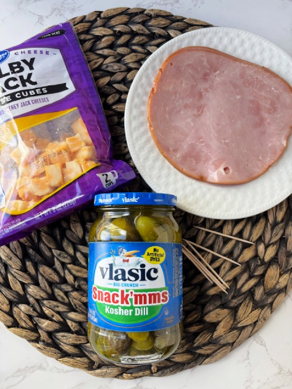 pickles, ham and cheese cubes.