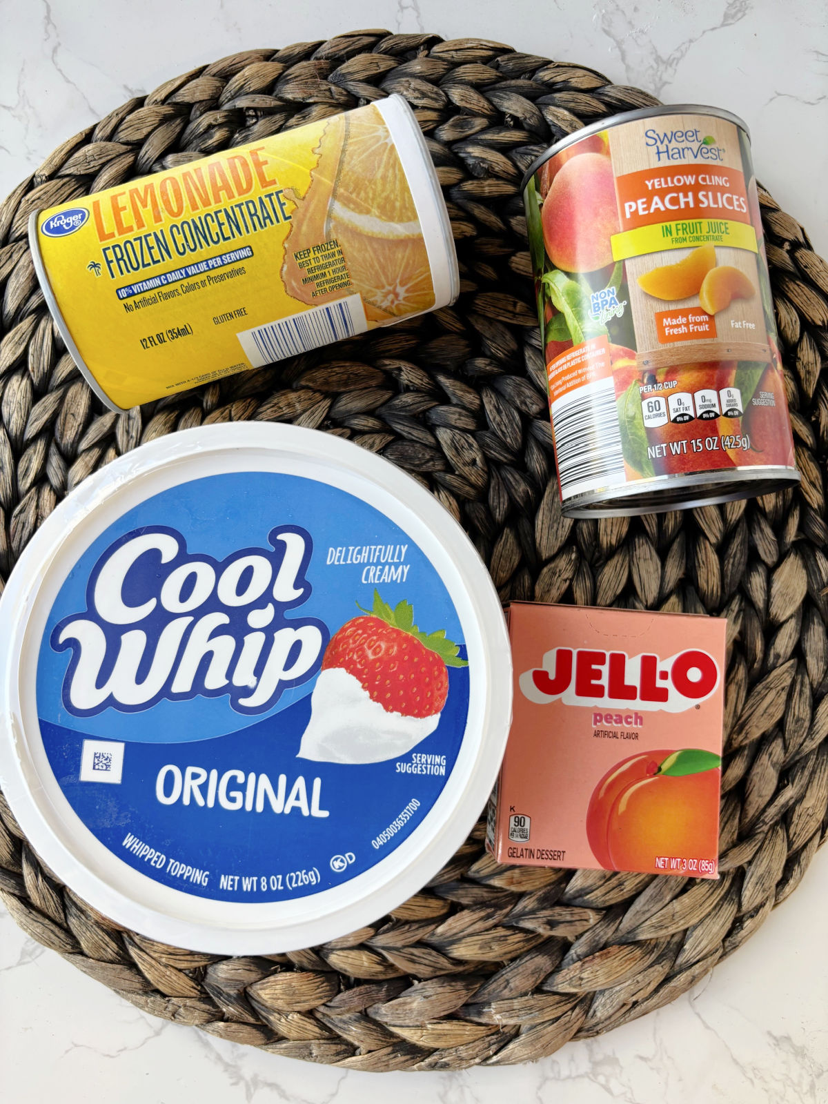 Cool Whip, peach jello, peaches and lemonade.