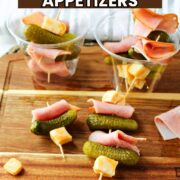 Simple Ham Appetizers in cups and on a brown tray.