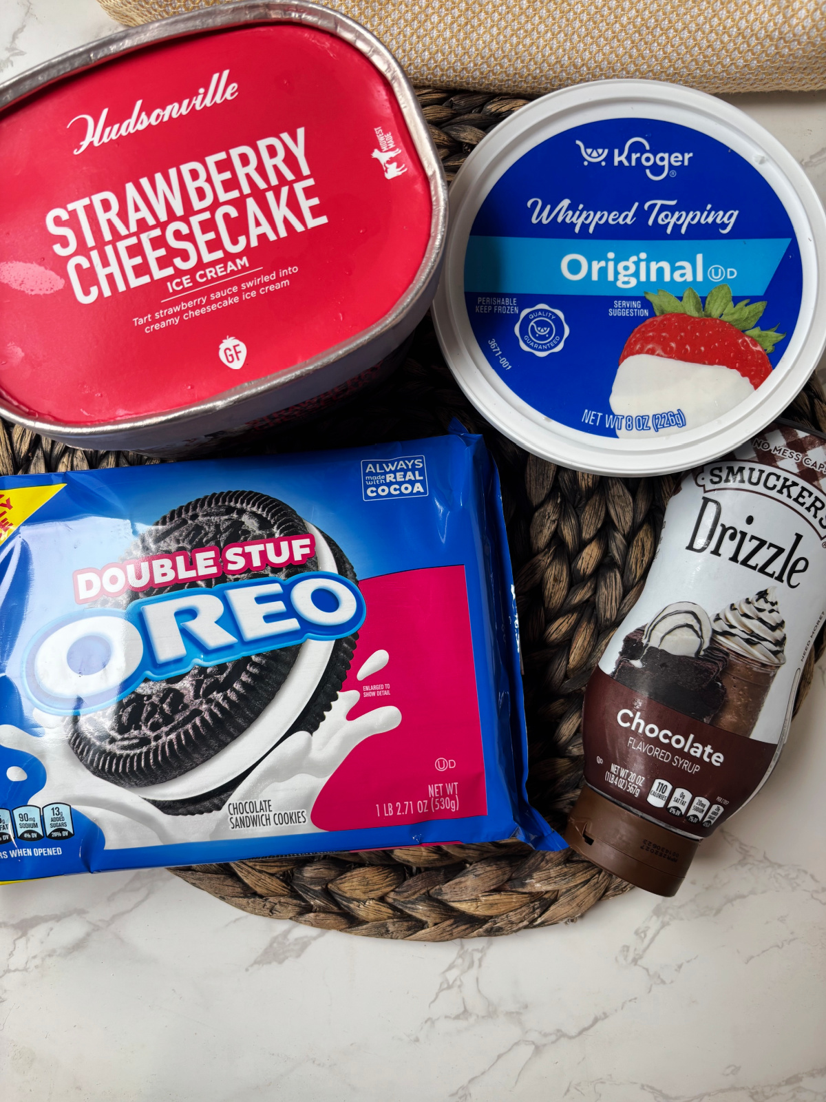 strawberry cheesecake ice cream, Oreos, whipped cream and chocolate sauce.