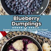 blueberry dumplings in a pan with blueberries on top.