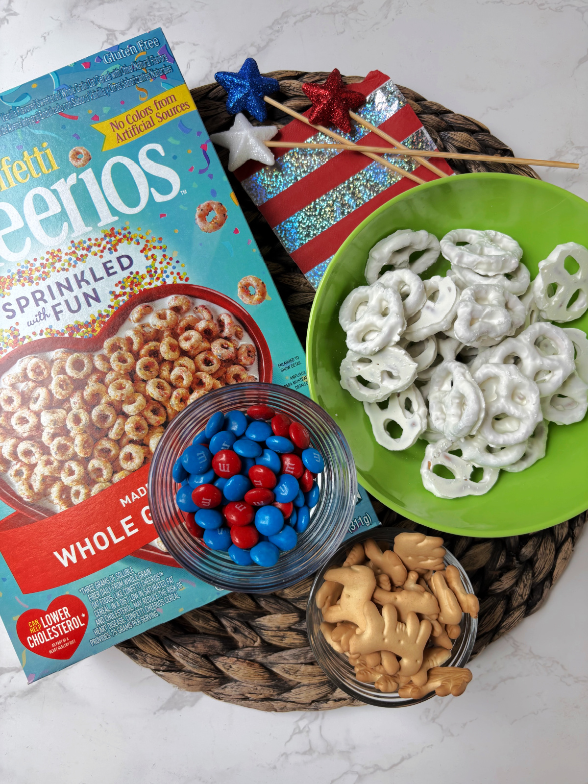 cheerios, covered pretzels, animal crackers.