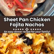 sheet pan chicken fajita nachos on the bottom pic and uncooked chicken in crock pot.