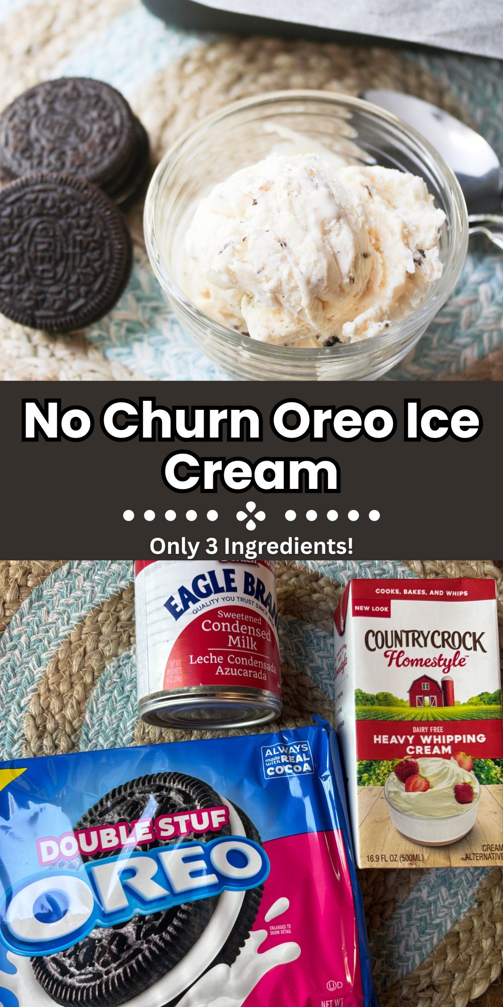 Oreo ice cream in a clear bowl with Oreos besides.