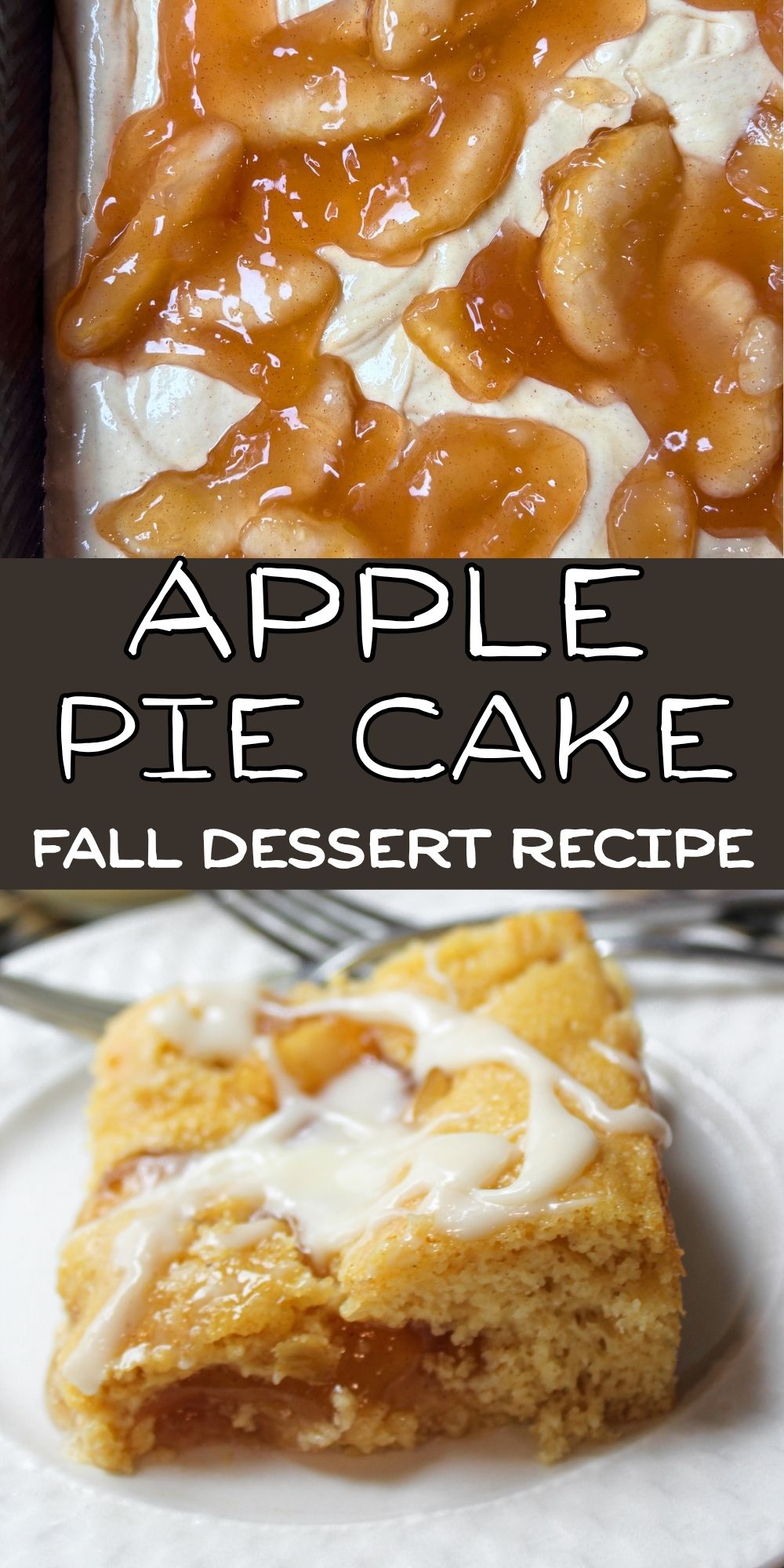 apple cake batter and apple pie cake on a white plate.