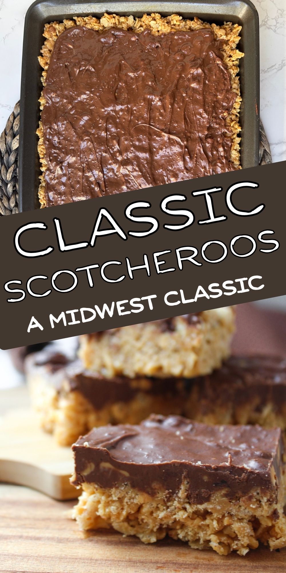 scotcheroos stacked and in a pan.