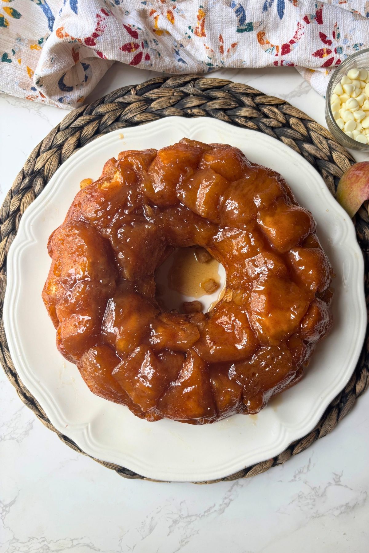 apple monkey bread on a white plate. 
