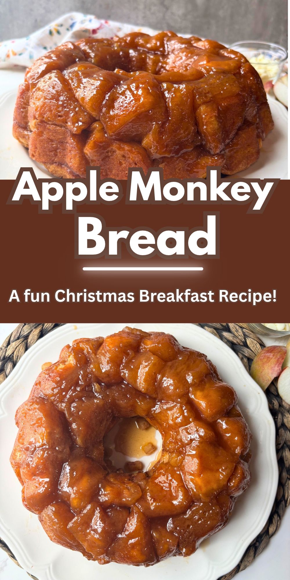 apple monkey bread pin with a side view and straight on view.