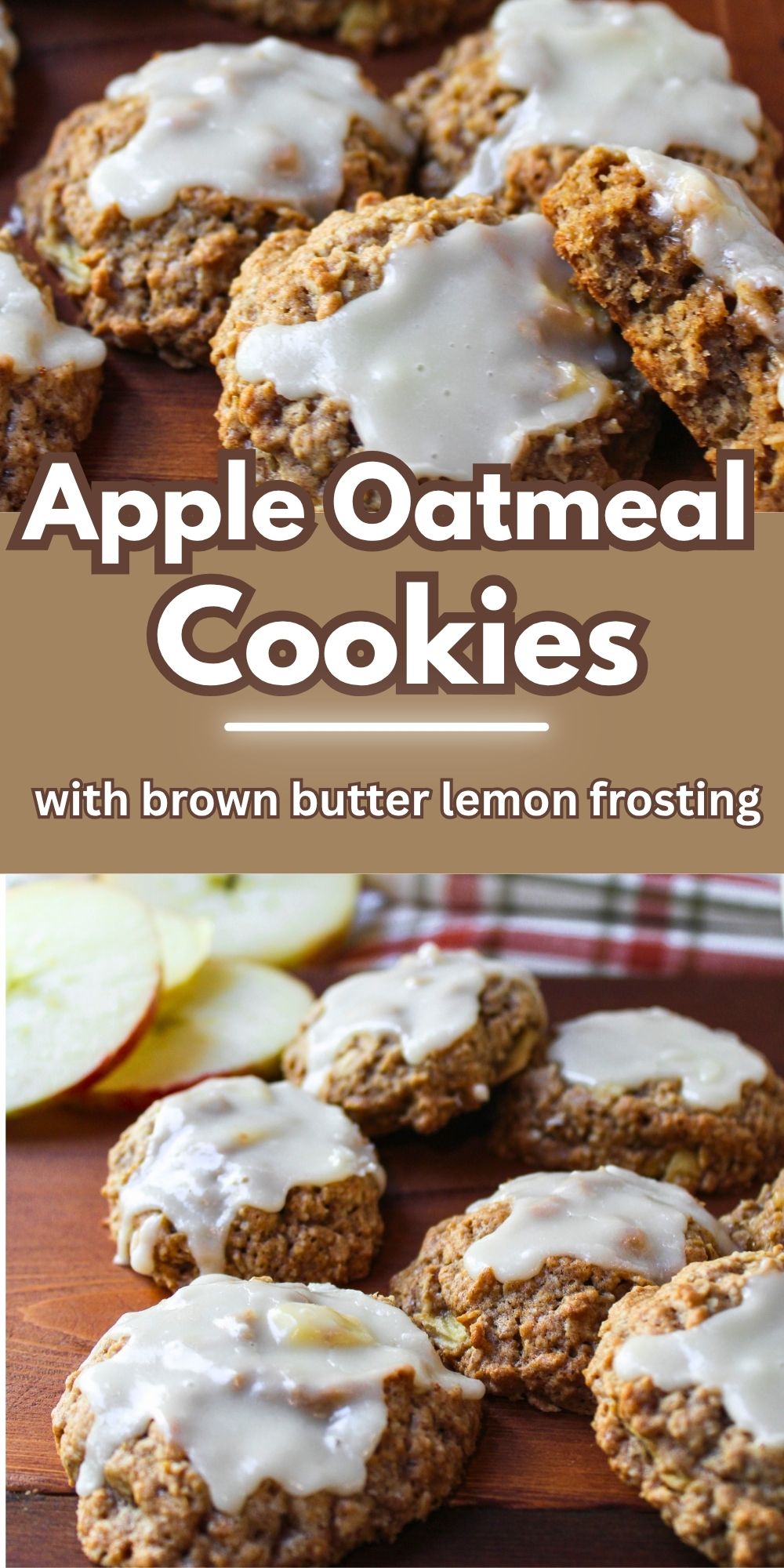 Apple Oatmeal Cookies with a lemon glaze with apples and a towel behind.